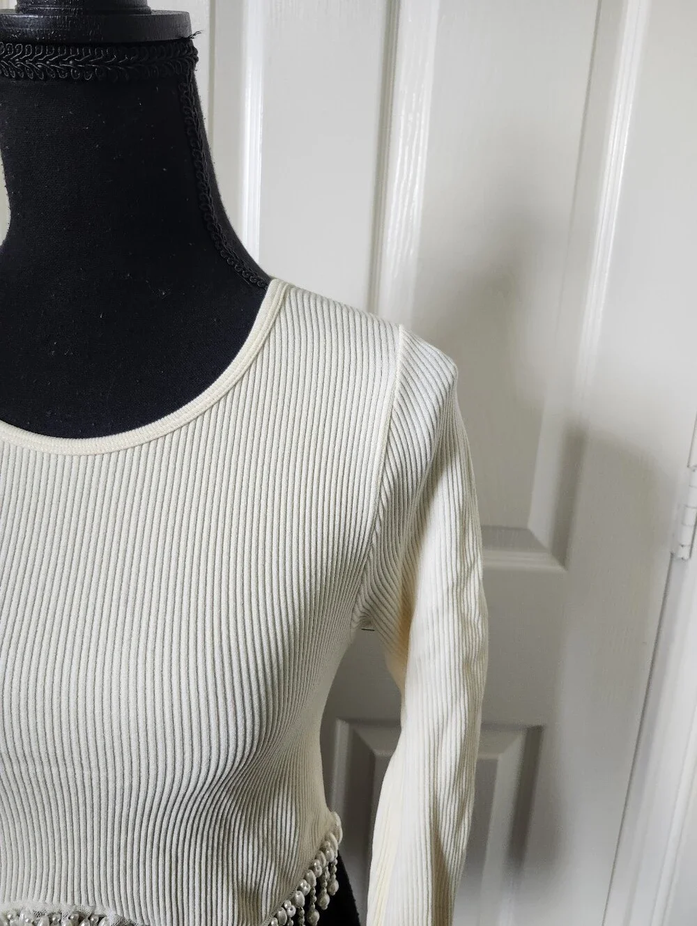 Zara Cream Ribbed Long-Sleeve Crop Top with Beaded Scallop Hem